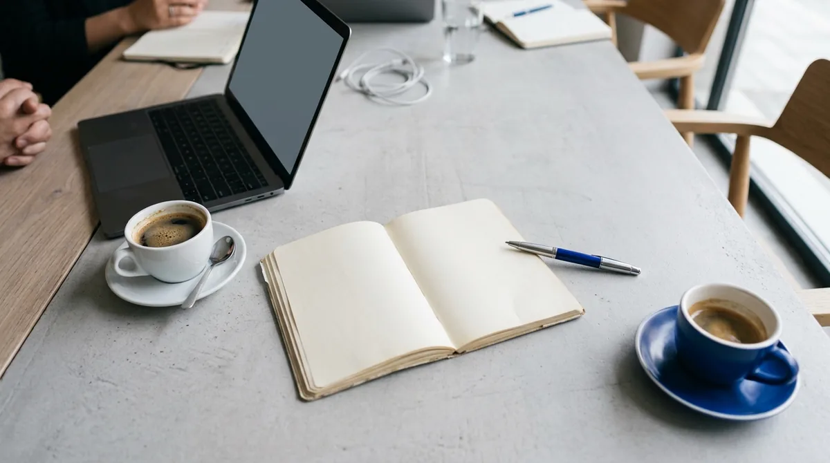 دفترچهٔ باز و خودکار کنار گذاشته‌شده روی میز جلسه، کنار لپ‌تاپ و فنجان قهوه