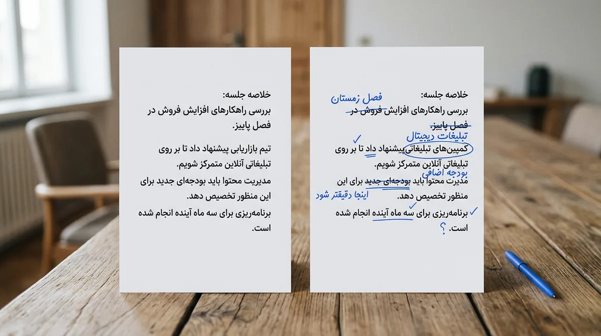 دو برگهٔ خلاصهٔ جلسه کنار هم که روی برگهٔ دوم اصلاحهای دستنویس آبی دیده میشود